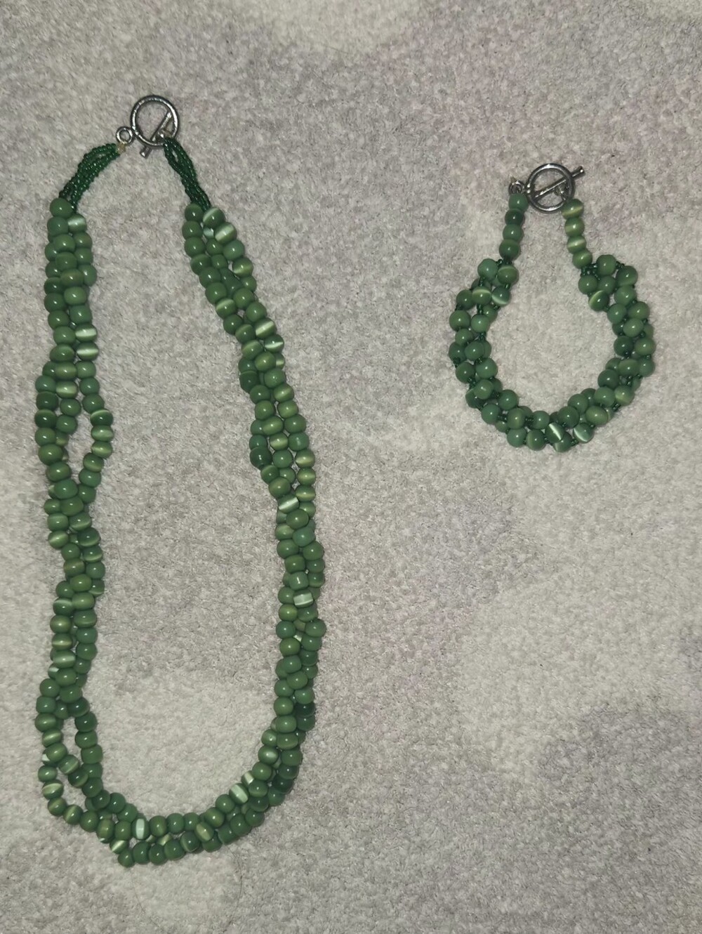 Multi-strand braided green beaded necklace and Bracelet